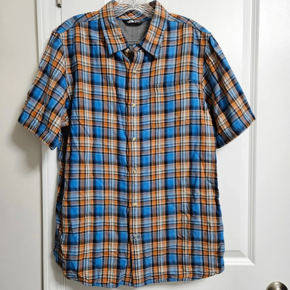 The North Face Shirt Mens Lg Blue Orange Plaid Short Sleeve Button Up Gauzy